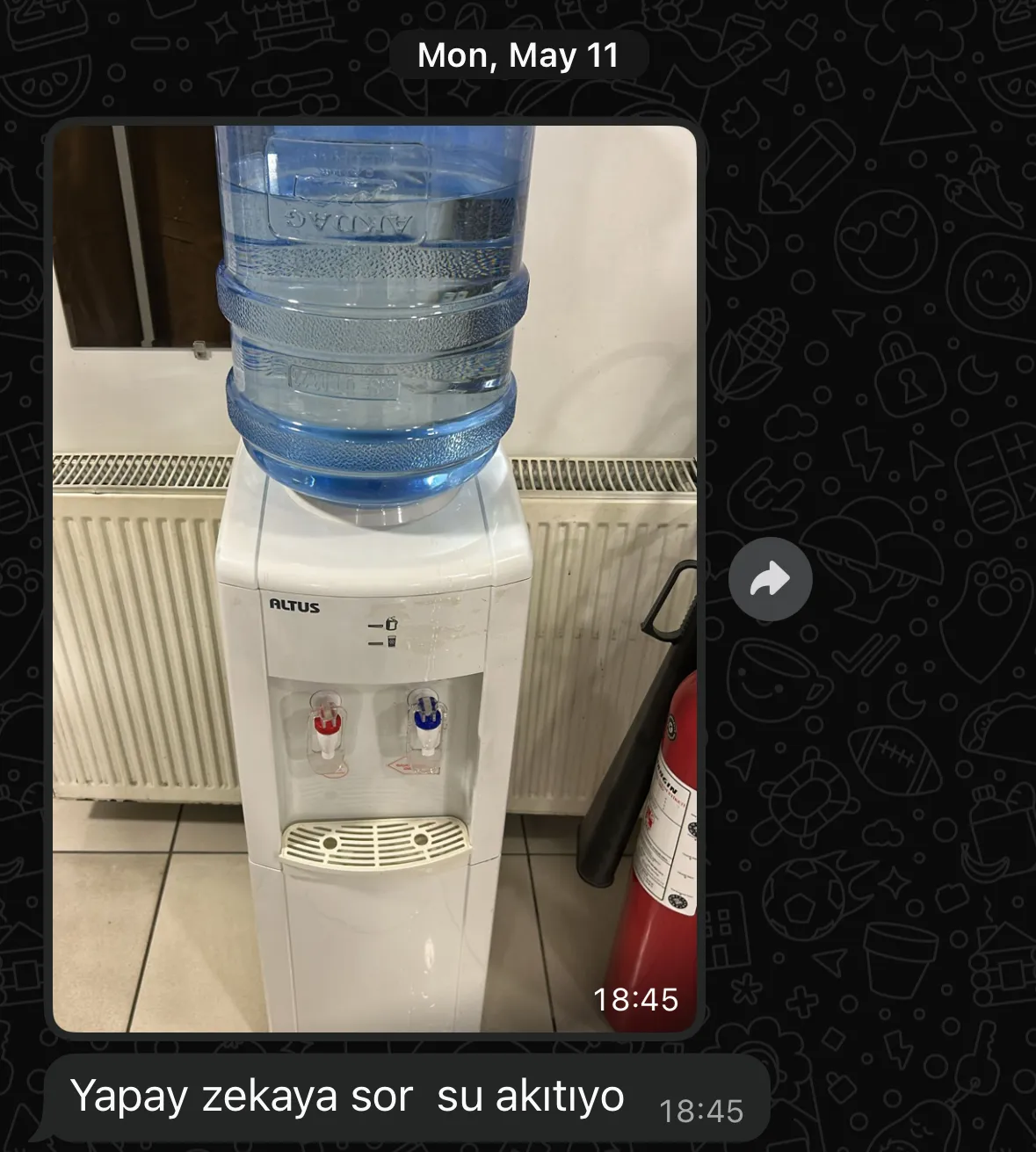 WhatsApp message: a photo of the water cooler and a single line of text reading 'Yapay zekaya sor su akıtıyo'